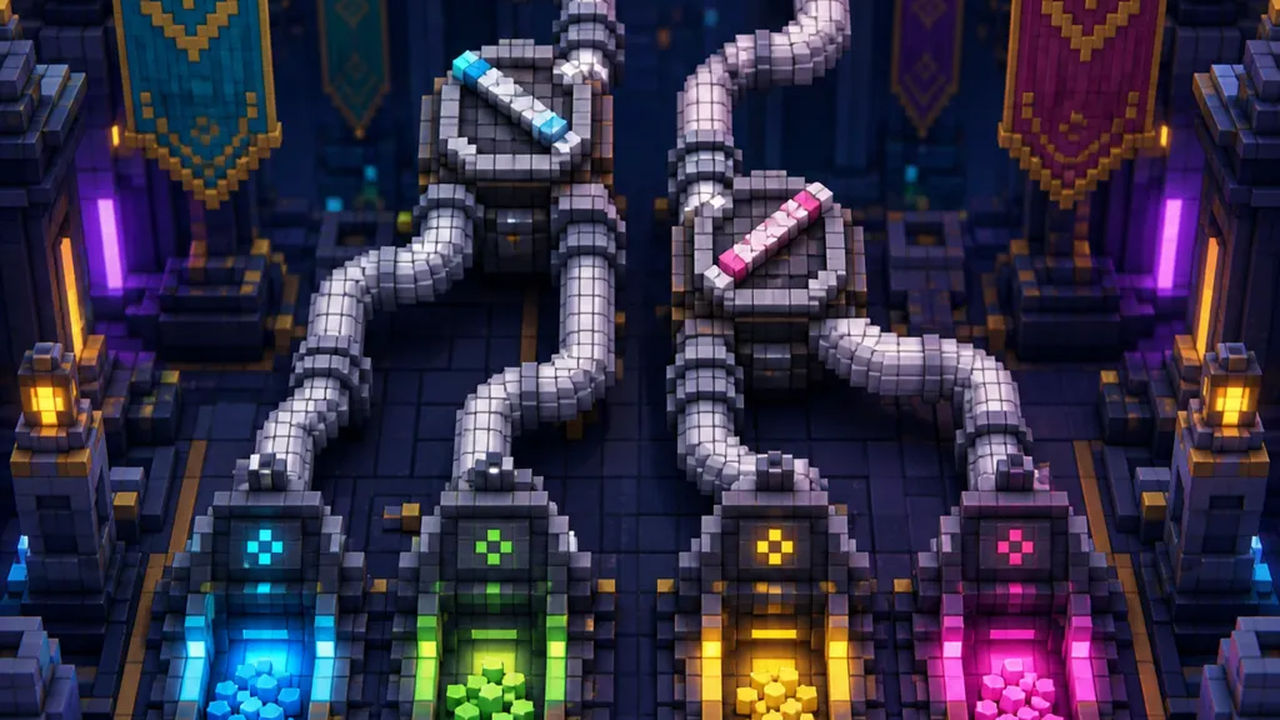 Pipe Type typing game — colored balls fall through keyboard-controlled gates into matching barrels