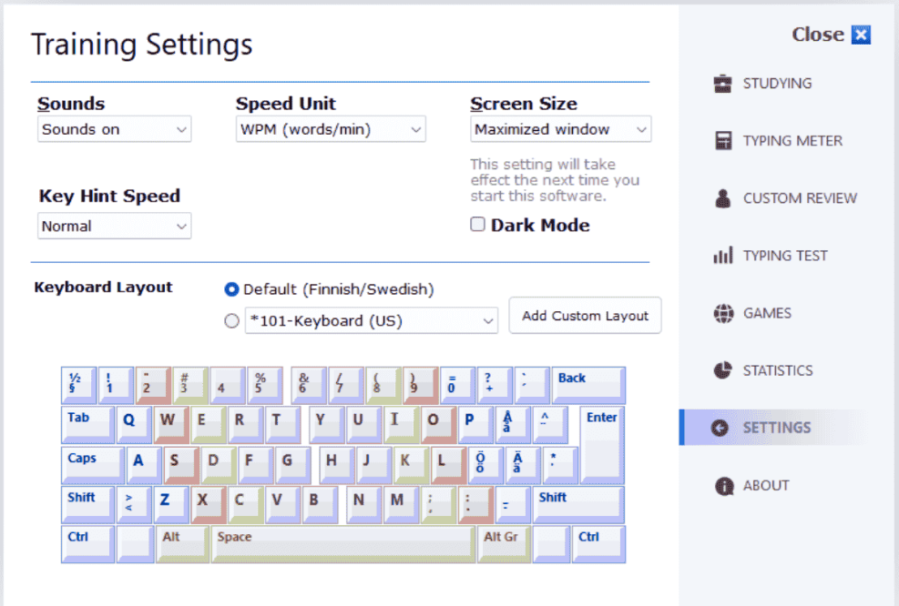 Training Settings and Dark Mode